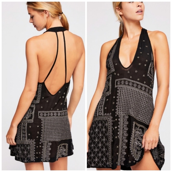 Free People Dresses & Skirts - Free People black embellished embroidered halter dress size small